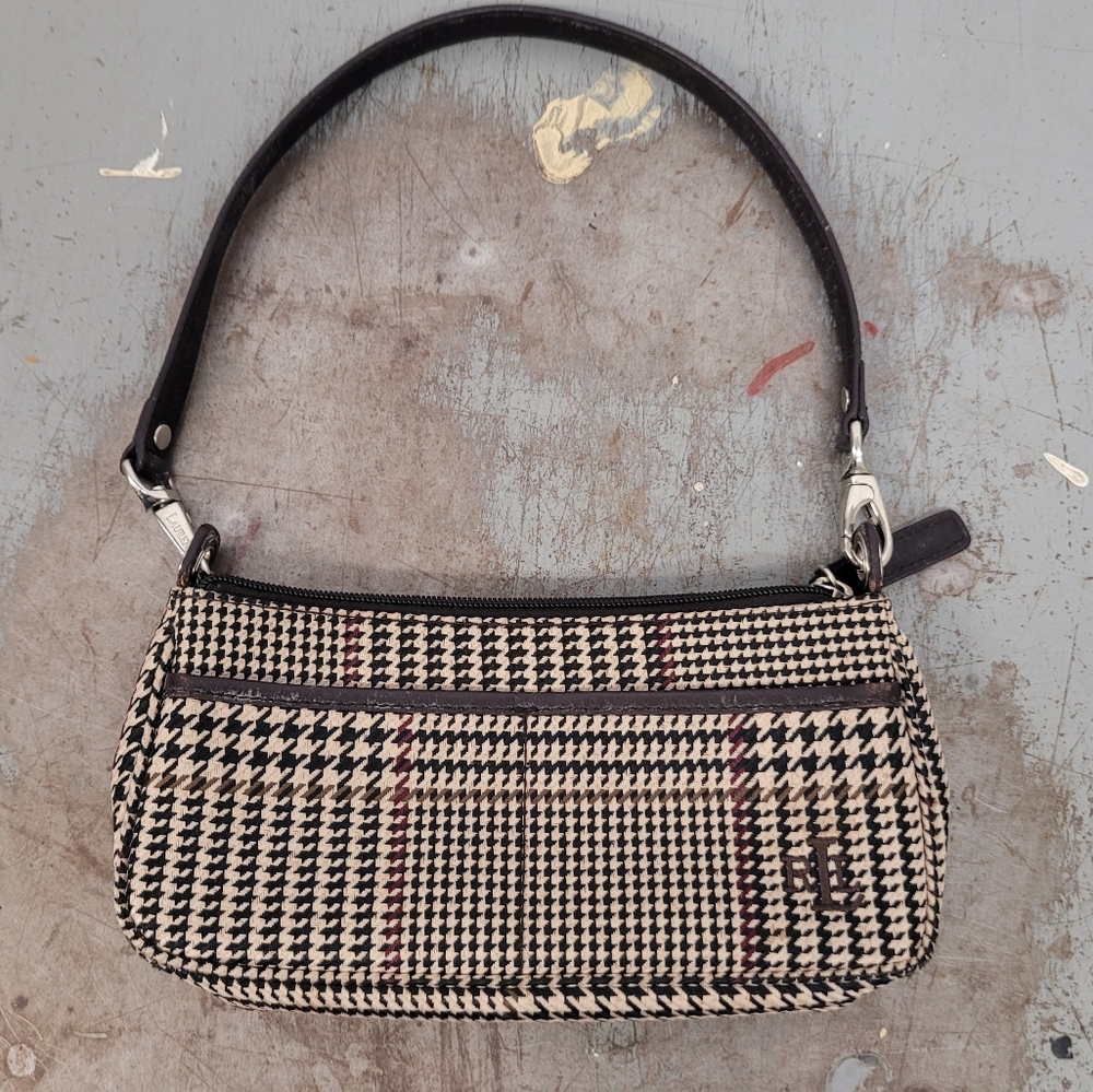 VINTAGE RALPH LAUREN HOUNDSTOOTH PLAID BROWN MINI BAG PURSE